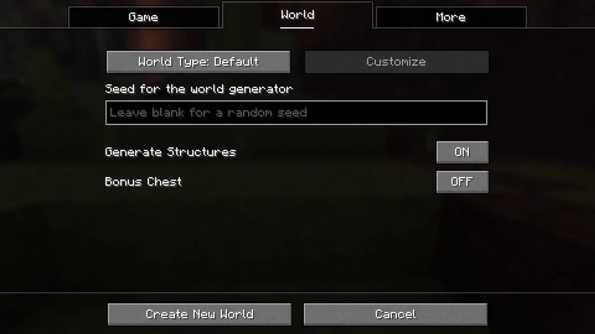 The Create New World screen of Java Edition on the World tab, with the seed field and the Generate Structures toggle