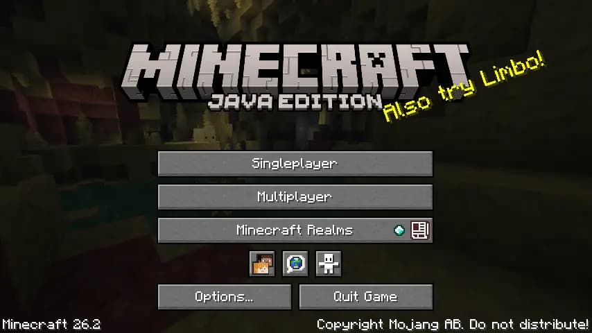 The Java Edition title screen with the Singleplayer, Multiplayer and Minecraft Realms buttons