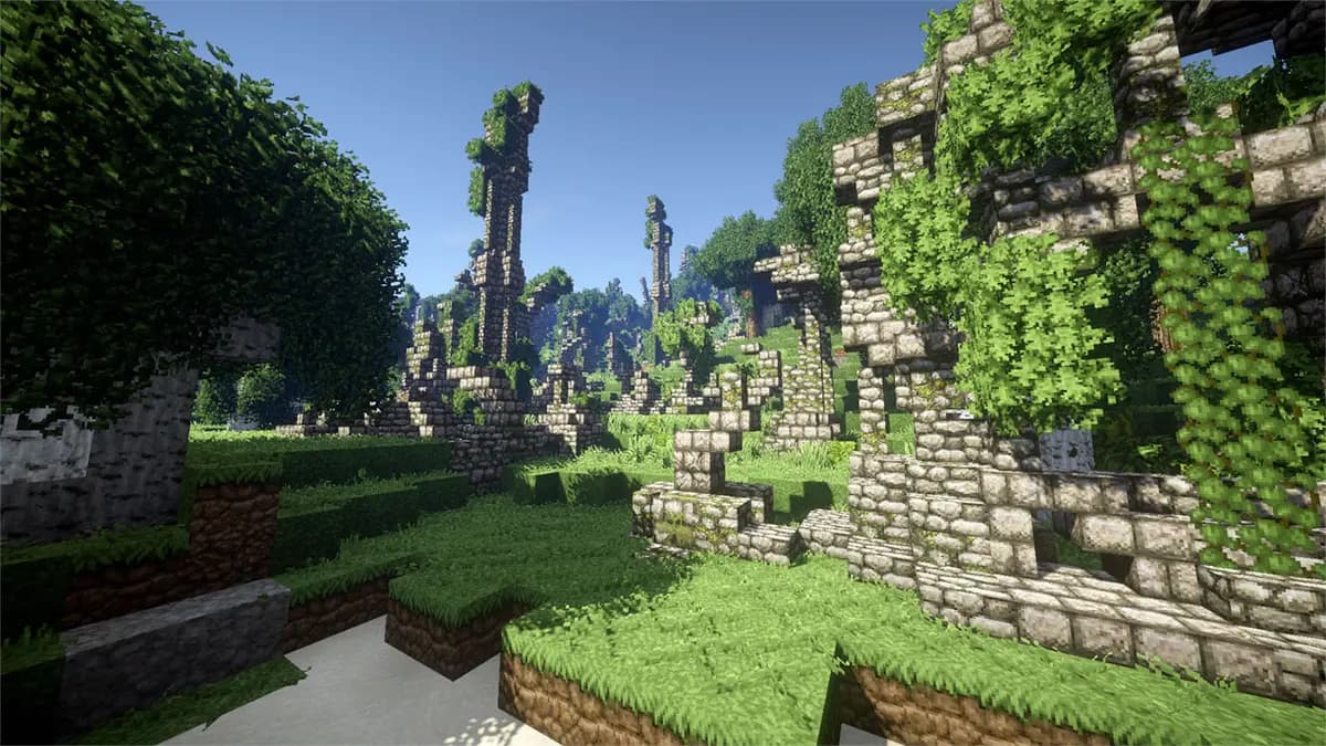A Java Edition world with a custom world generation mod and a shader pack, mountains and water far beyond vanilla
