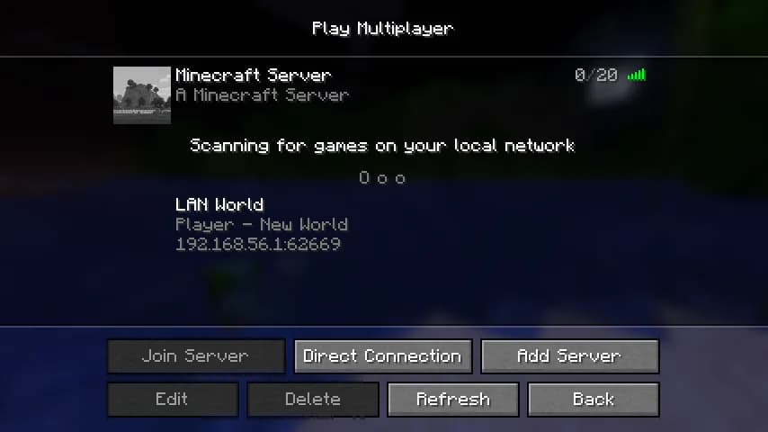 The Multiplayer screen of Java Edition scanning for LAN games, with the Add Server button at the bottom