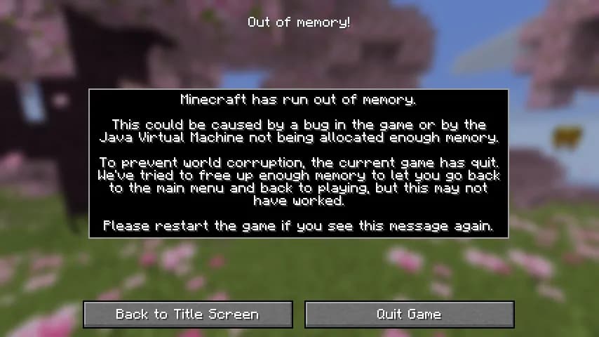 The Java Edition screen that says Minecraft has run out of memory