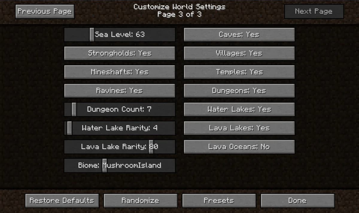 The Customize World Settings screen of Java Edition with sea level, strongholds, villages and lake rarity