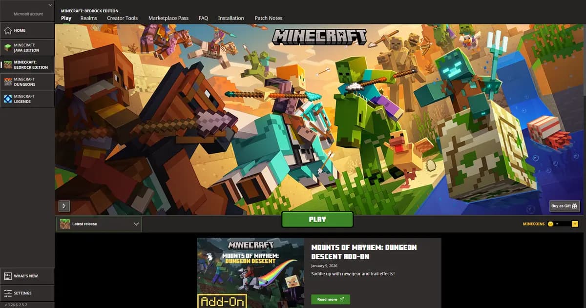 The Minecraft Launcher open on the Bedrock Edition tab, the same launcher one tab further