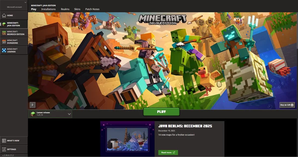 The Minecraft Launcher open on the Java Edition tab, with the green Play button and the installations list