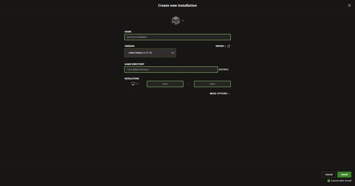 The New installation screen of the Minecraft Launcher with a name field and a version dropdown