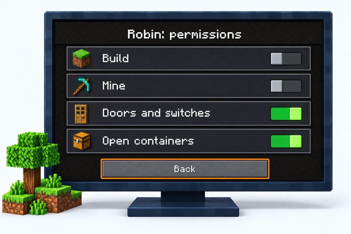 The permission toggles for one player in Bedrock Edition: build and mine switched off, use doors and switches and open containers switched on
