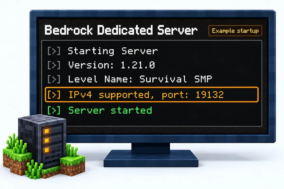 Die Konsole von Bedrock Dedicated Server beim Start mit den Zeilen Starting Server, Version 1.21.0, Level Name Survival SMP, IPv4 supported mit Port 19132 und Server started