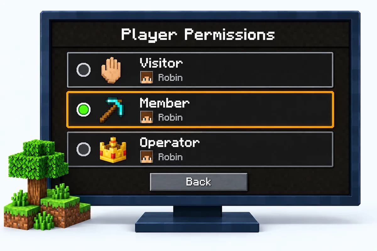 The Player permissions screen of Bedrock Edition with the levels Visitor, Member and Operator for one player, with Member selected