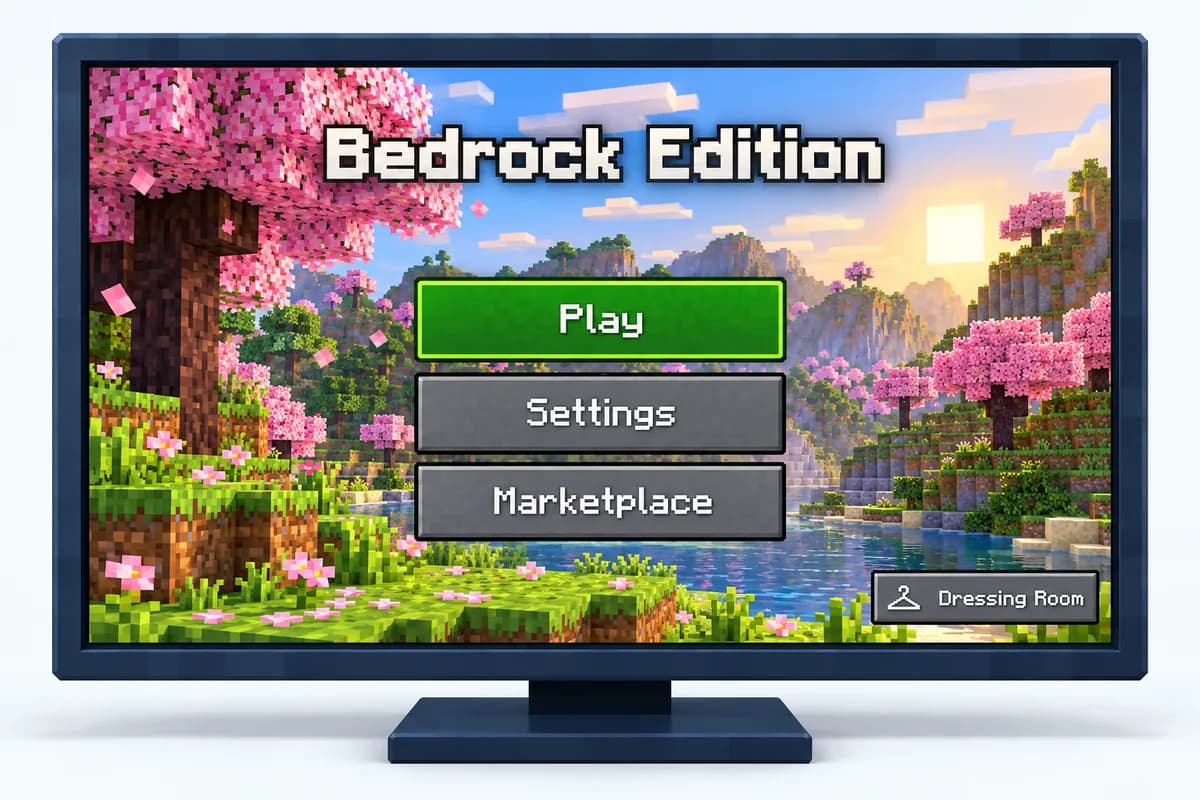 Zeichnung des Titelmenüs von Bedrock Edition mit den Knöpfen Play, Settings und Marketplace und Dressing Room in der Ecke, vor einem Kirschblütenhain
