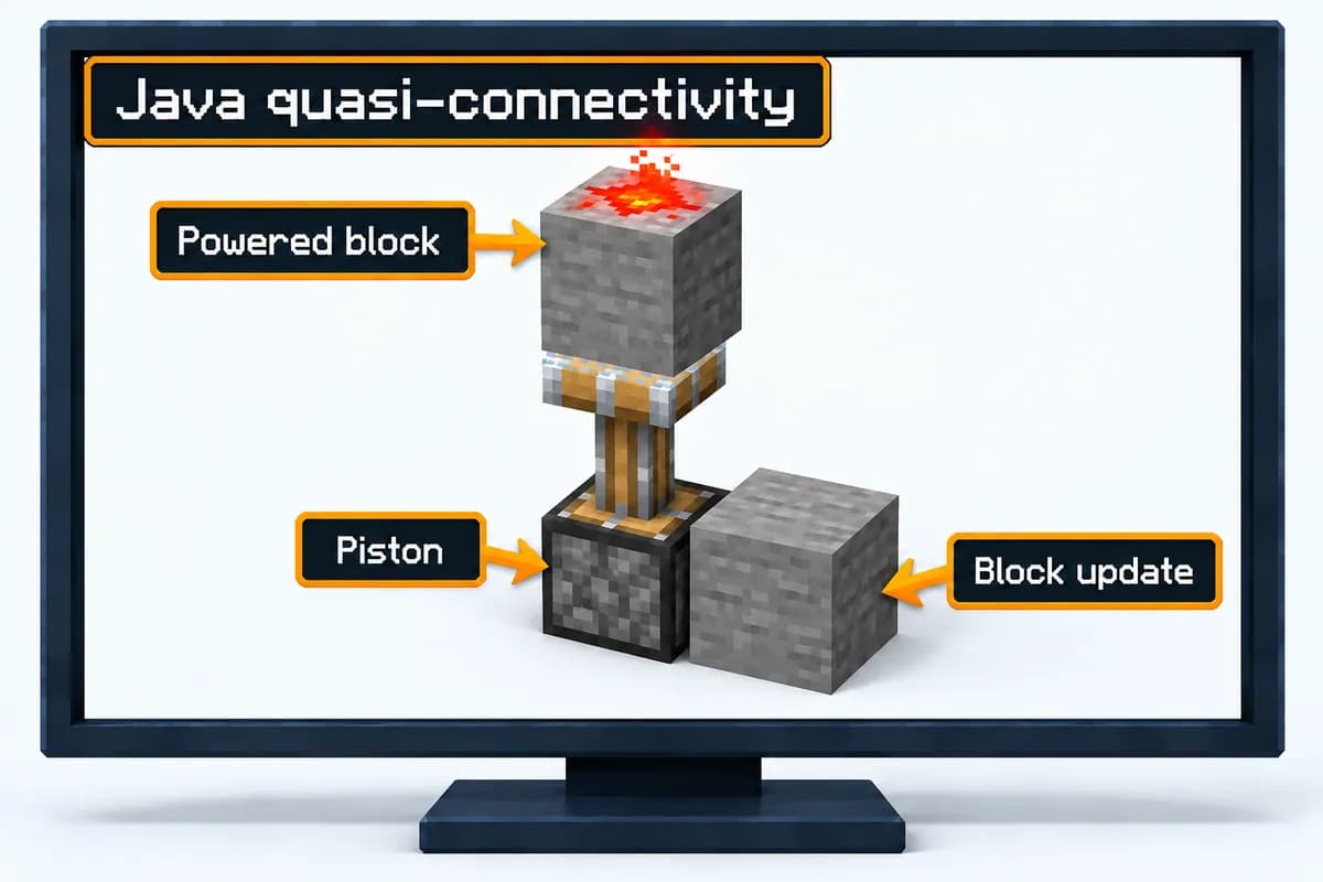 Zeichnung des Quasi-Connectivity-Aufbaus auf Java: ein ausgefahrener Kolben unter einem angetriebenen Block mit Redstone darauf und ein Block neben dem Kolben mit der Beschriftung Block update