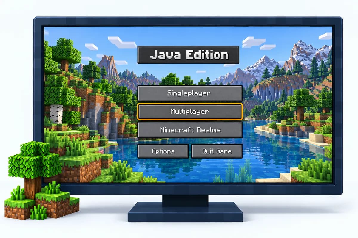 Zeichnung des Titelmenüs von Java Edition mit den Knöpfen Singleplayer, Multiplayer und Minecraft Realms, Multiplayer umrandet, darunter Options und Quit Game