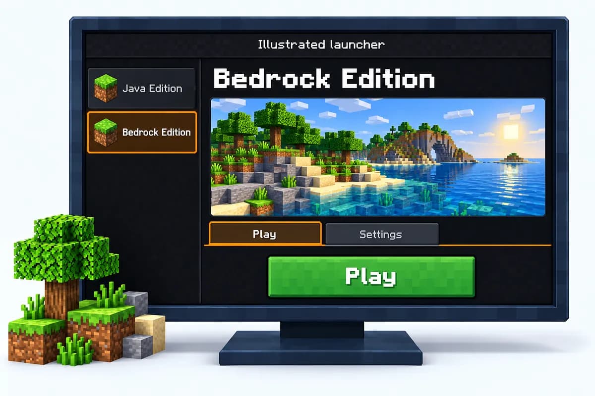 Zeichnung eines Minecraft-Launchers mit Bedrock Edition in der Seitenleiste ausgewählt, einem Küstenbanner, den Reitern Play und Settings und einem grünen Knopf Play