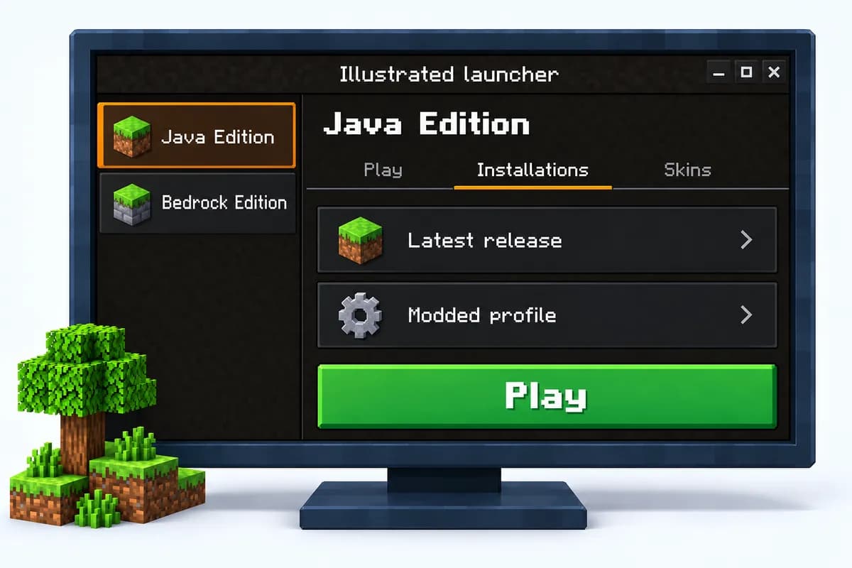 Zeichnung eines Minecraft-Launchers mit Java Edition ausgewählt, dem offenen Reiter Installations mit Latest release und Modded profile und einem grünen Knopf Play