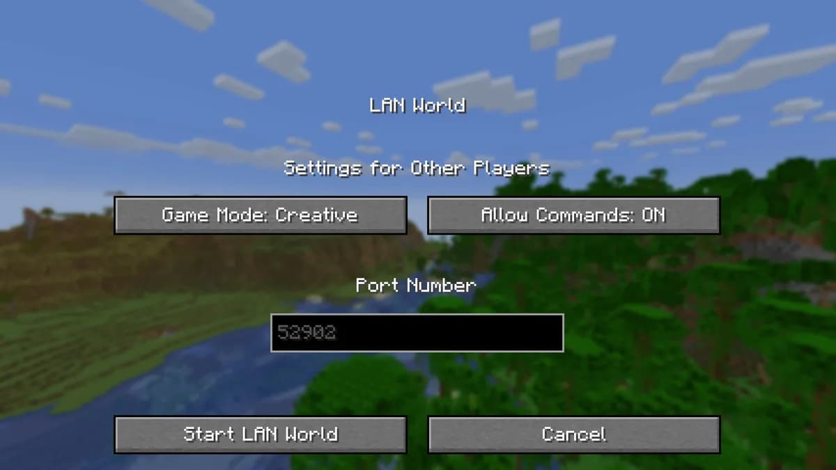 The Open to LAN screen of Java Edition with game mode, allow commands and a port number