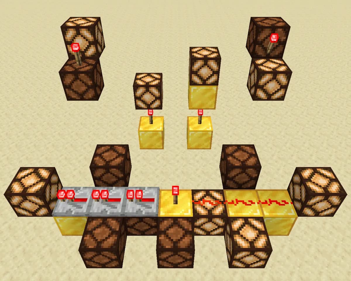 In-game screenshot of a piston being powered through a block above it, the quasi-connectivity setup on Java Edition