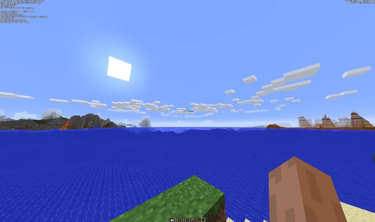 A Java Edition world seen at a render distance of 32 chunks, with an island far out on the water