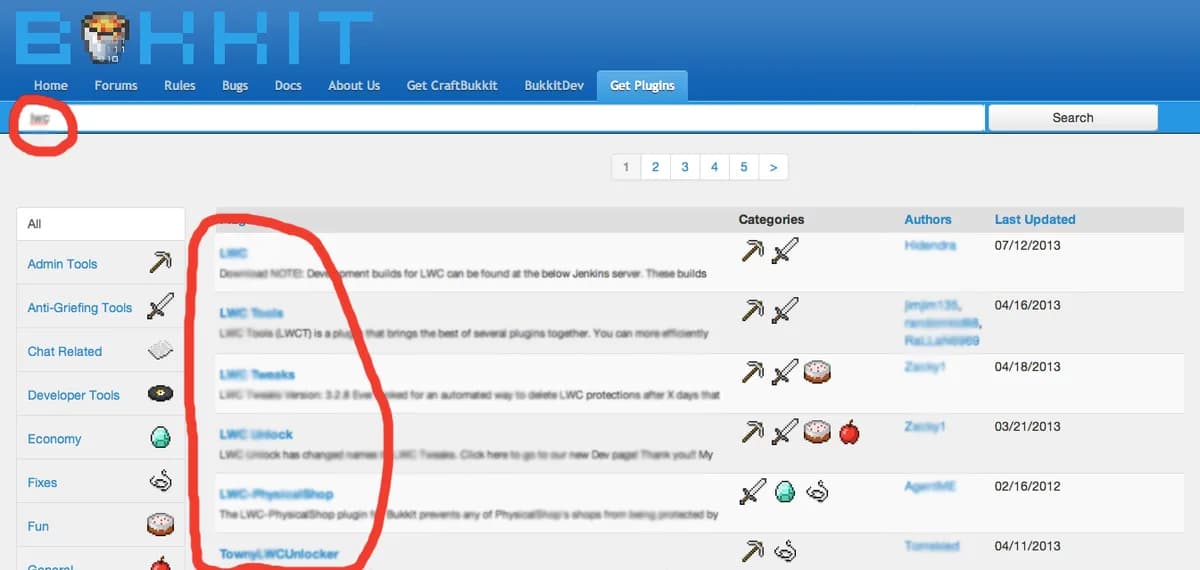 The search results of the Bukkit plugin site with the search box and the download column circled