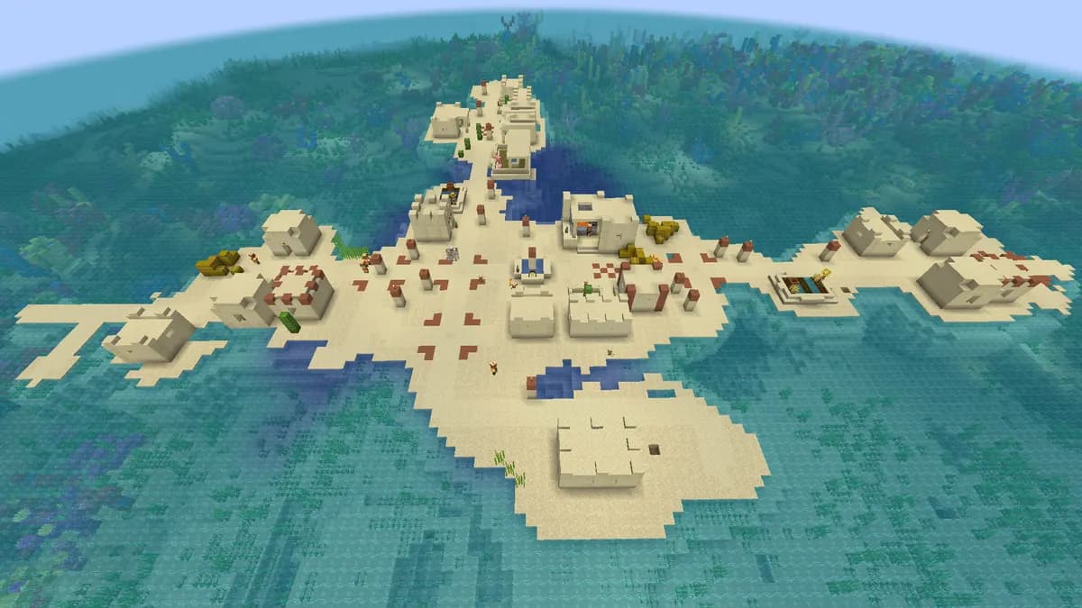 A desert village spread over a small sand island in a warm ocean full of coral