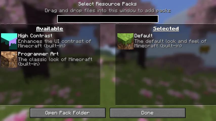 The Select Resource Packs screen of Java Edition with available and selected packs