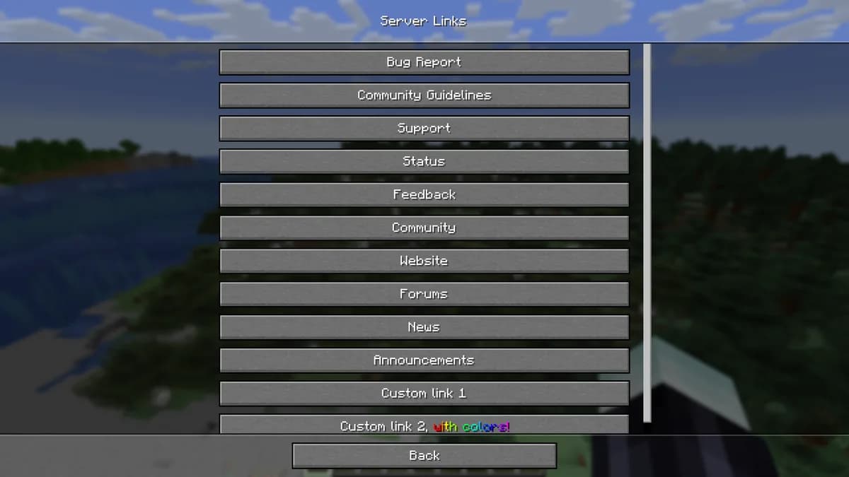The Server Links screen of Java Edition with buttons such as Bug Report, Community Guidelines and Support