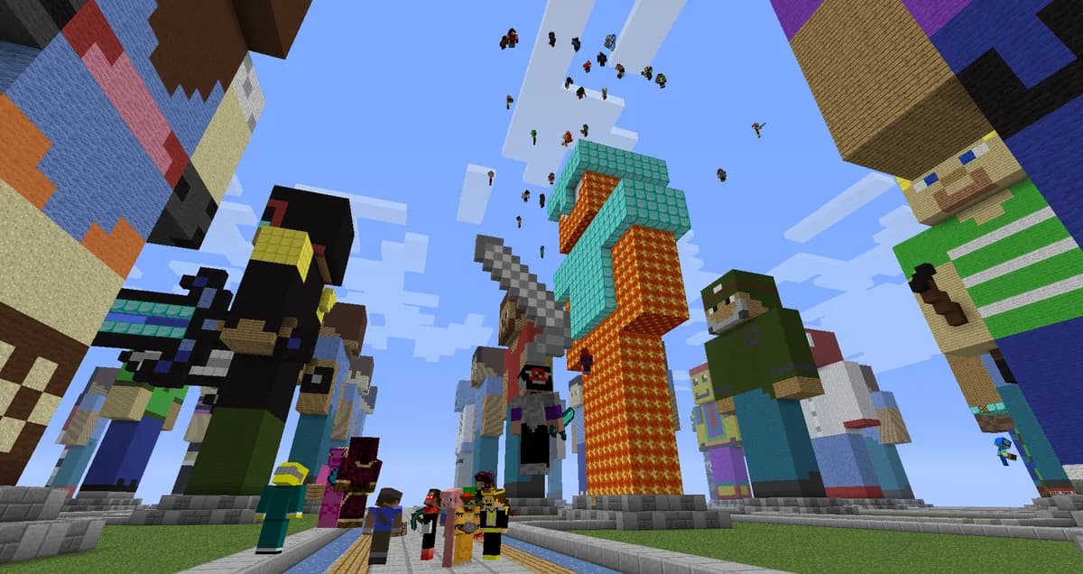 Dozens of players gathered in the lobby of a large multiplayer server beside big statues