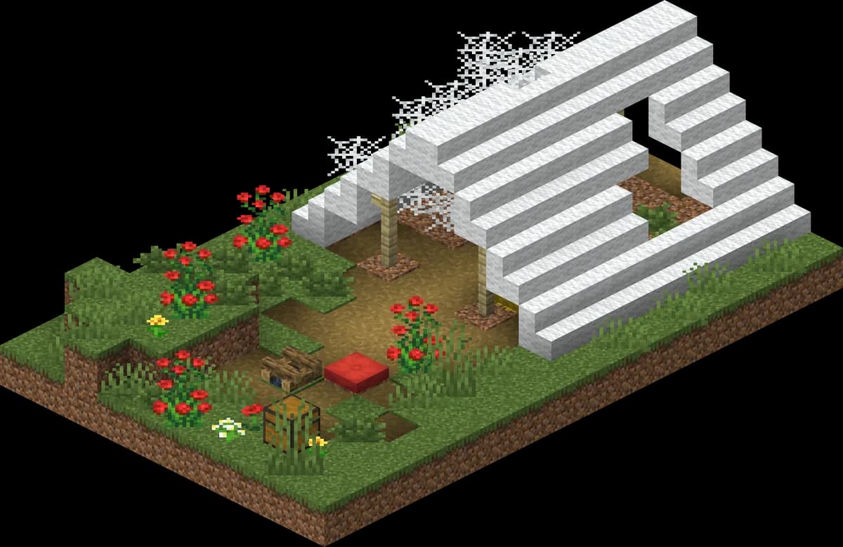 An abandoned camp from Minecraft 26.3: a tent of white wool stairs, a red cushion, a barrel and a chest among roses