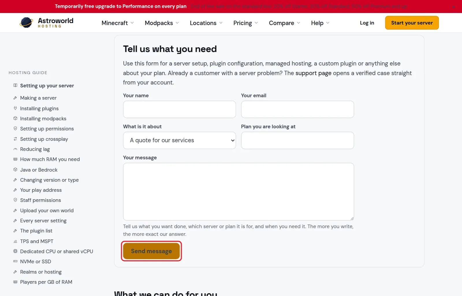 The Tell us what you need contact form with the Send message button marked in red