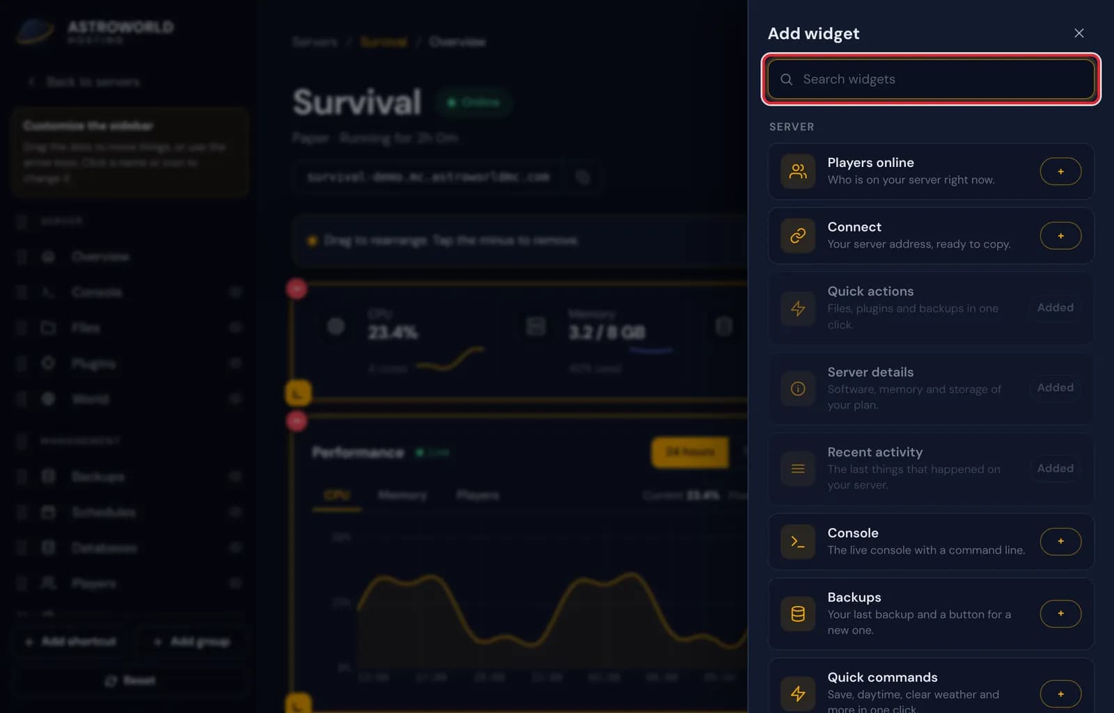 The Add widget panel with the search field at the top and the Server widgets listed below it