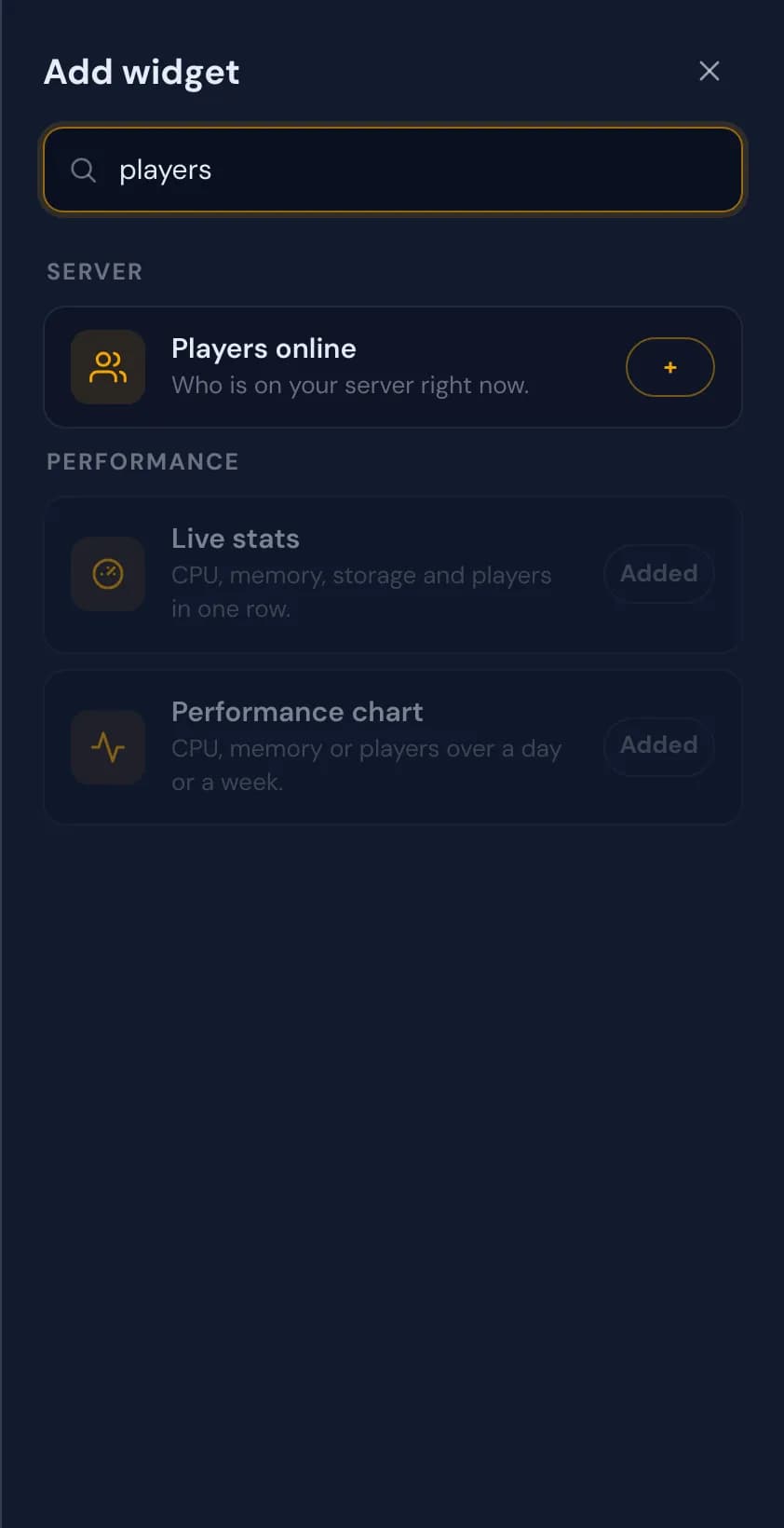 A search for players in the Add widget panel, which finds Players online, Live stats and the Performance chart
