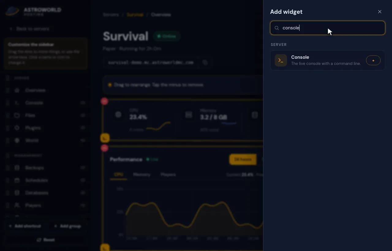 Opening Add widget, searching for console and pressing the plus, after which the Console widget appears at the bottom of the overview