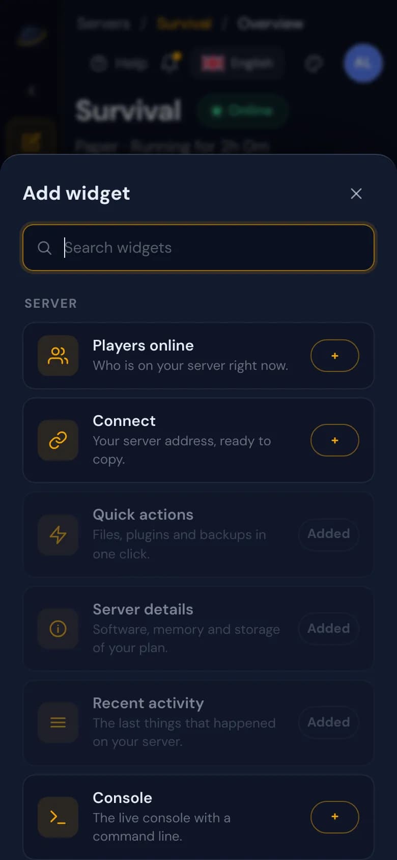 The Add widget list on a phone with the widgets of the Server group