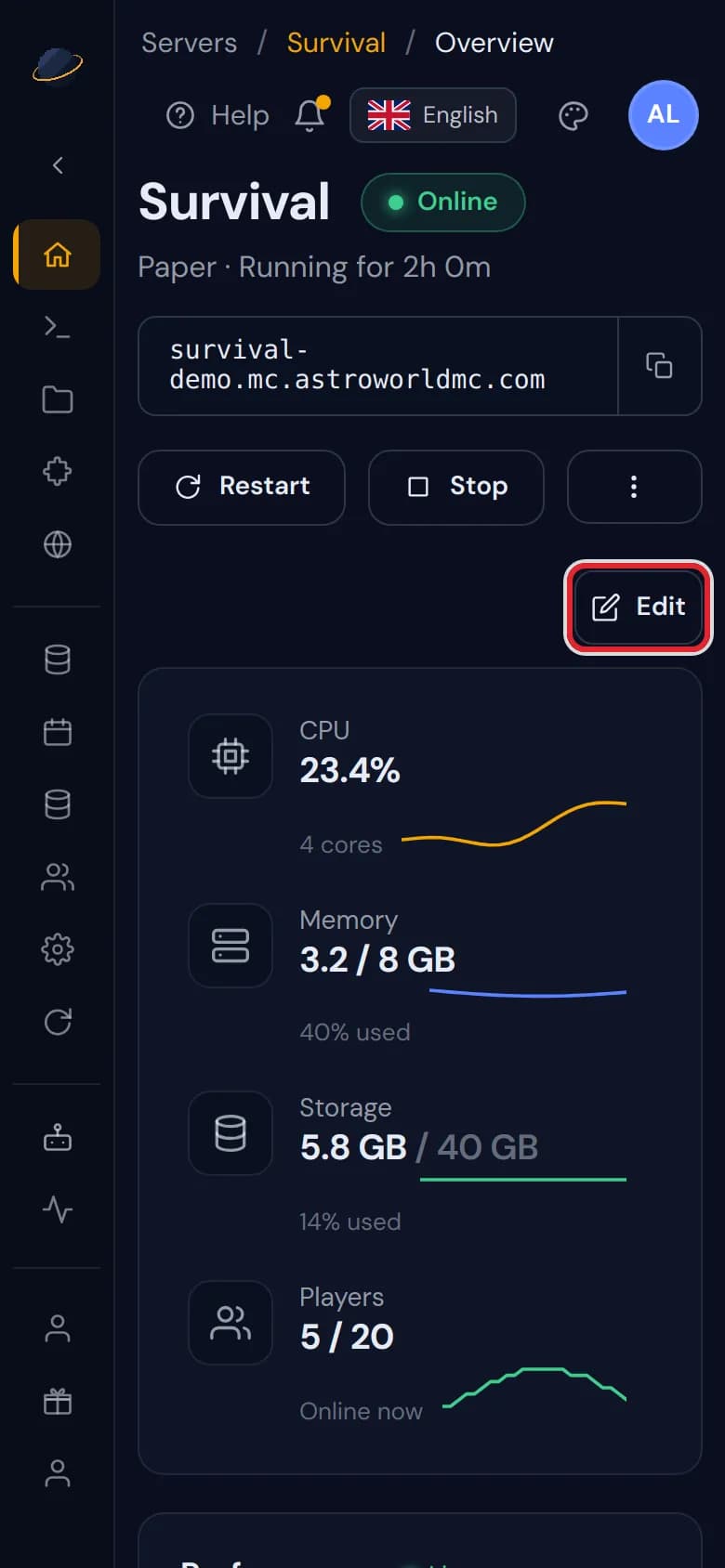 The server panel overview on a phone with the Edit button marked in red