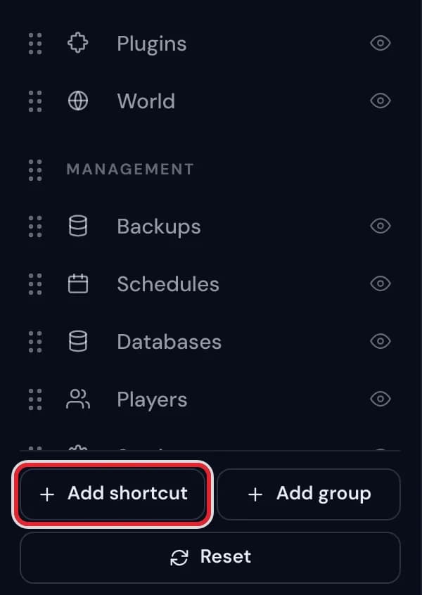 The Add shortcut button below the pages in the sidebar editor, with a red outline around it