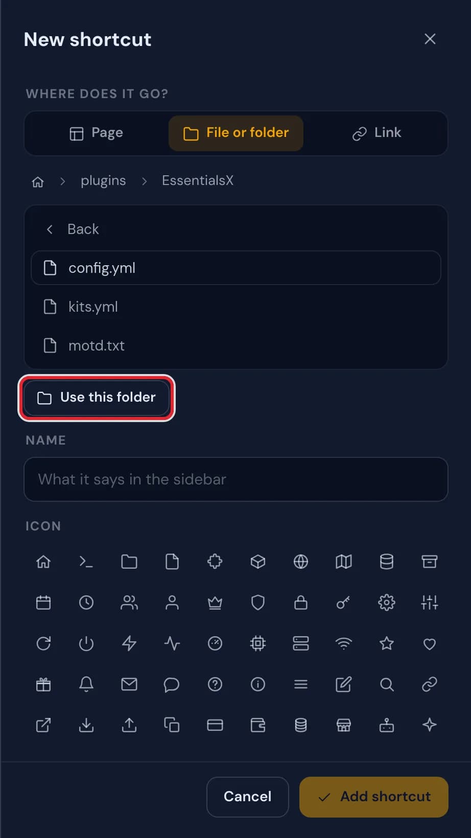 Choosing a folder for a shortcut, with Use this folder marked in red