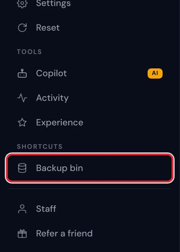The new Backup bin shortcut in the sidebar under the heading Shortcuts
