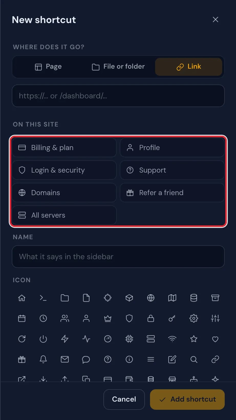 The Link choice with a field for a web address and the On this site options marked in red