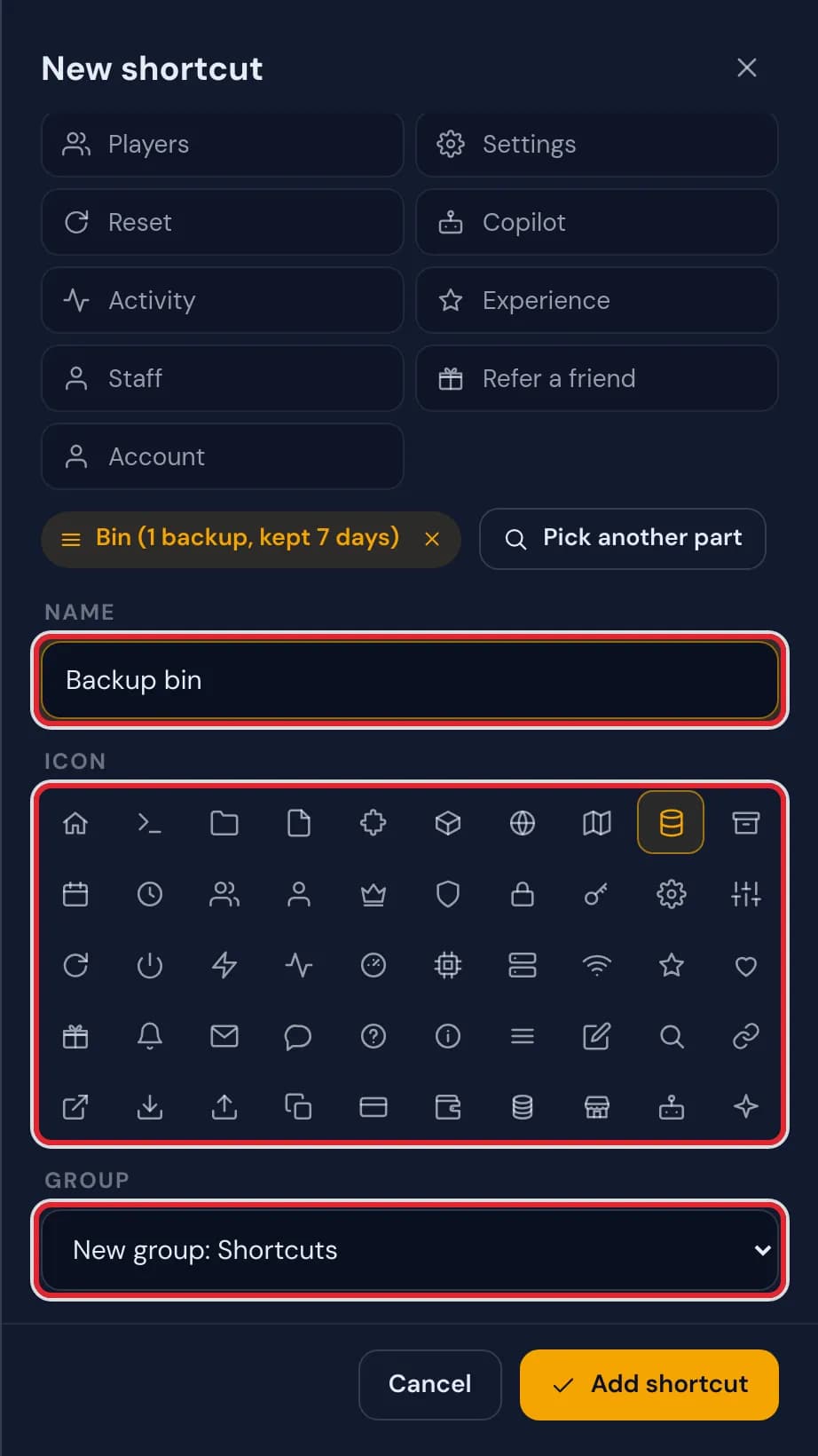 The name Backup bin, a chosen icon and the group New group: Shortcuts, each marked in red