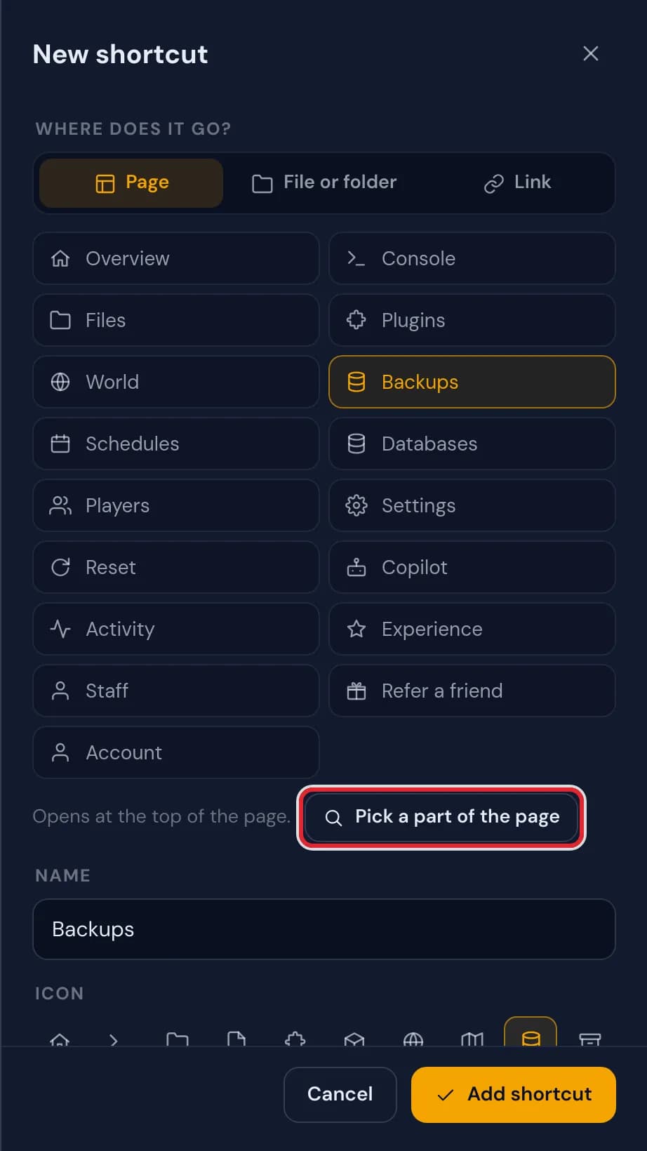 Backups chosen as the page, with the button Pick a part of the page marked in red