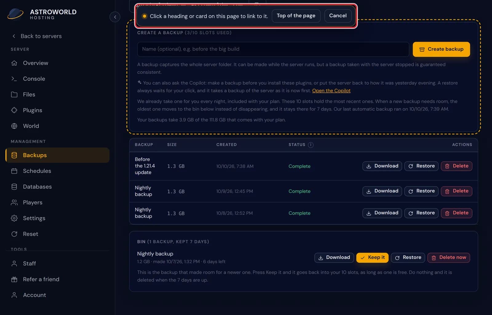 The Backups page in pick mode, with the instruction bar at the top and a card outlined