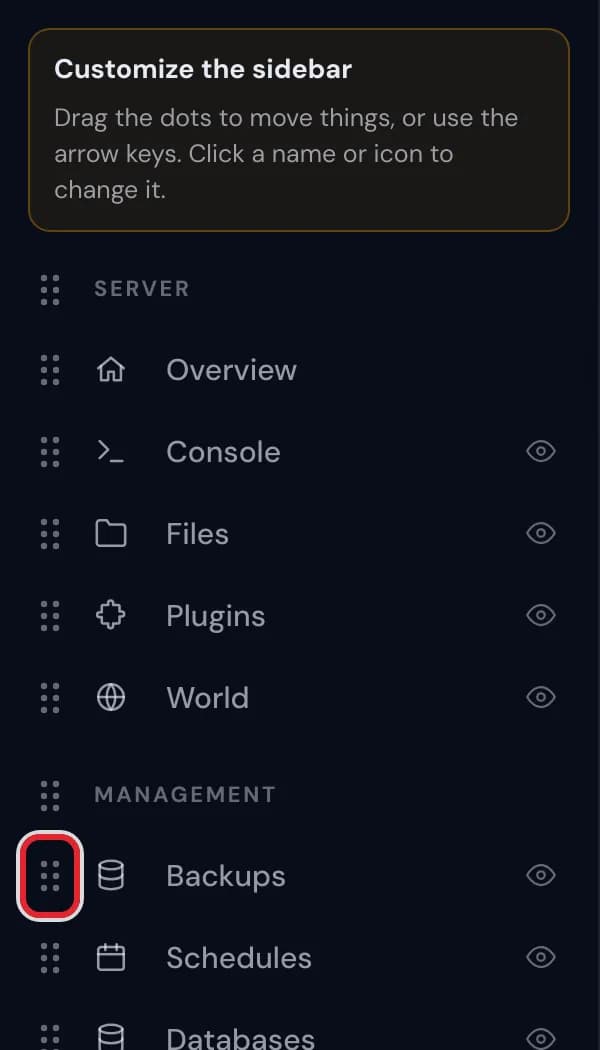 The six dots to the left of Backups in the sidebar editor, marked in red