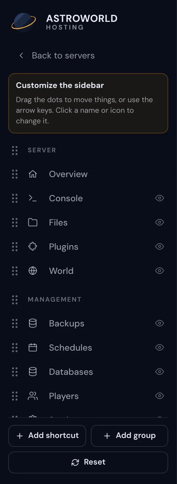 The sidebar editor of the server panel with its hint, the drag dots, the eye buttons and the buttons at the bottom