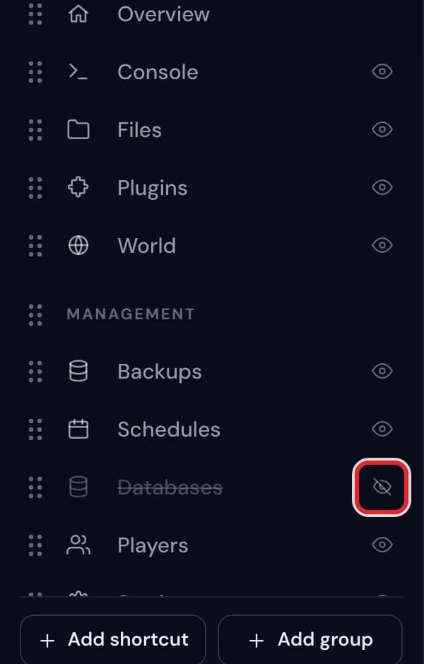 Databases hidden in the sidebar editor, with its crossed out eye marked in red