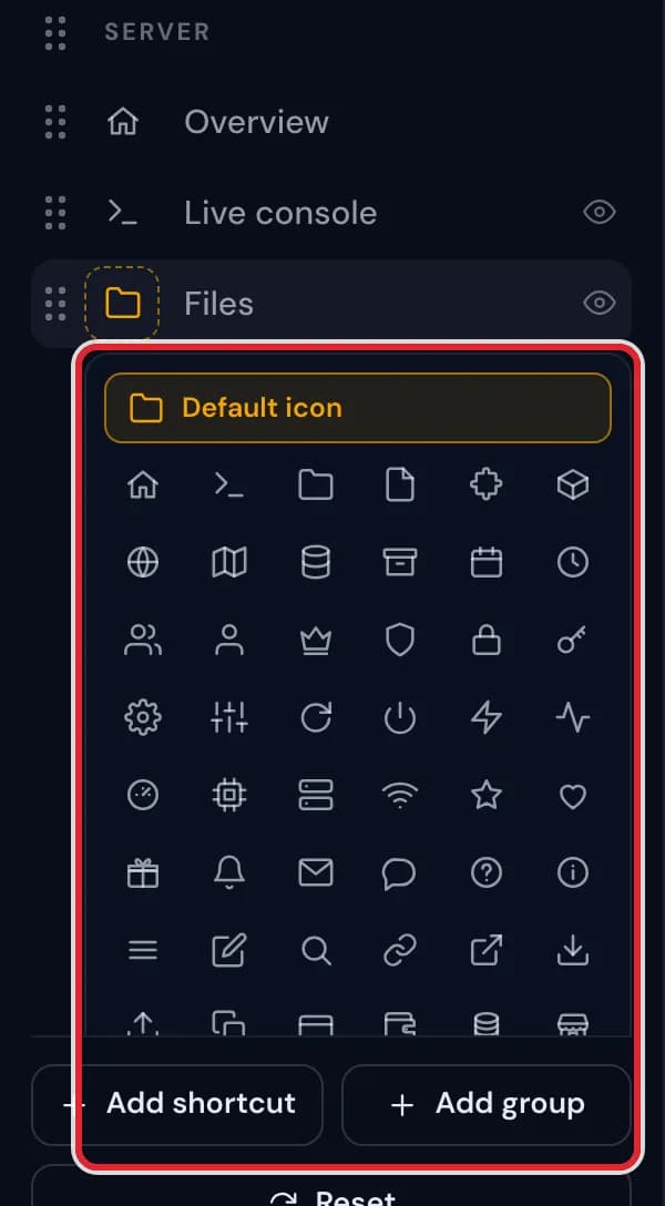 The icon picker open under Files, with Default icon and a grid of icons