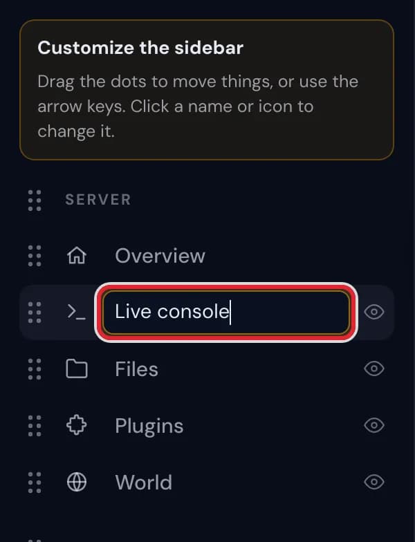 Renaming Console to Live console in the sidebar editor