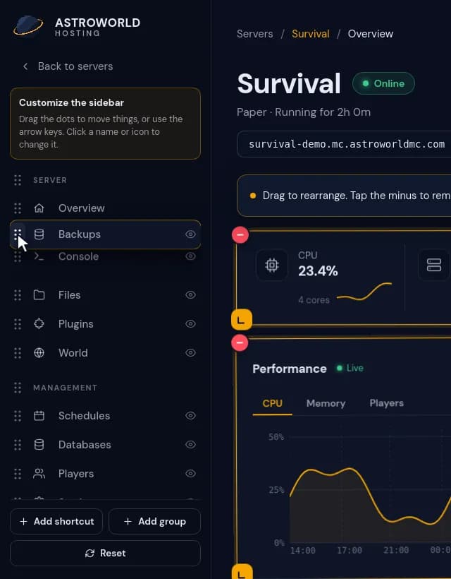 Dragging Backups up the sidebar by its six dots until it sits next to Console