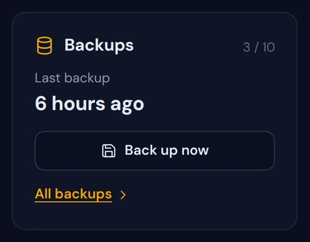 The Backups widget showing 3 of 10 backups, the last one 6 hours ago, and Back up now