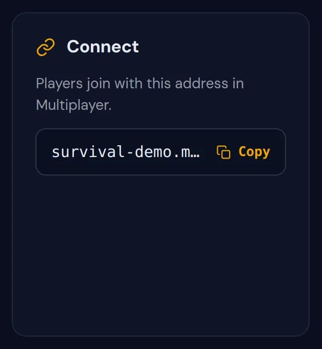 The Connect widget with the server address and a Copy button