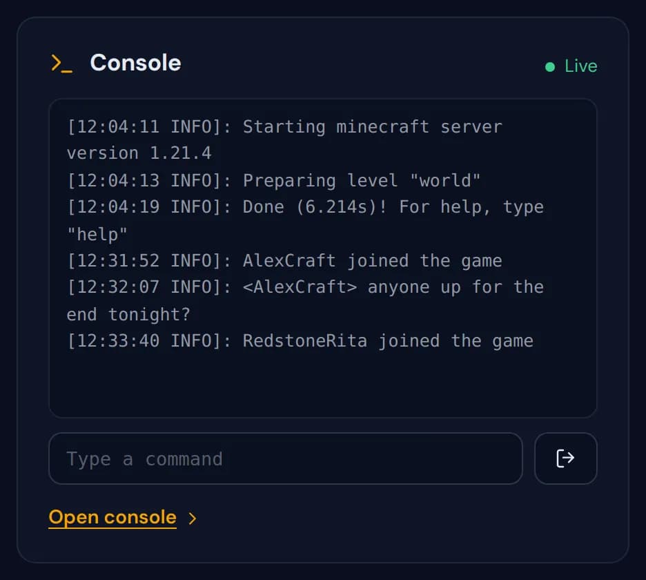 The Console widget with live log lines and a field to type a command