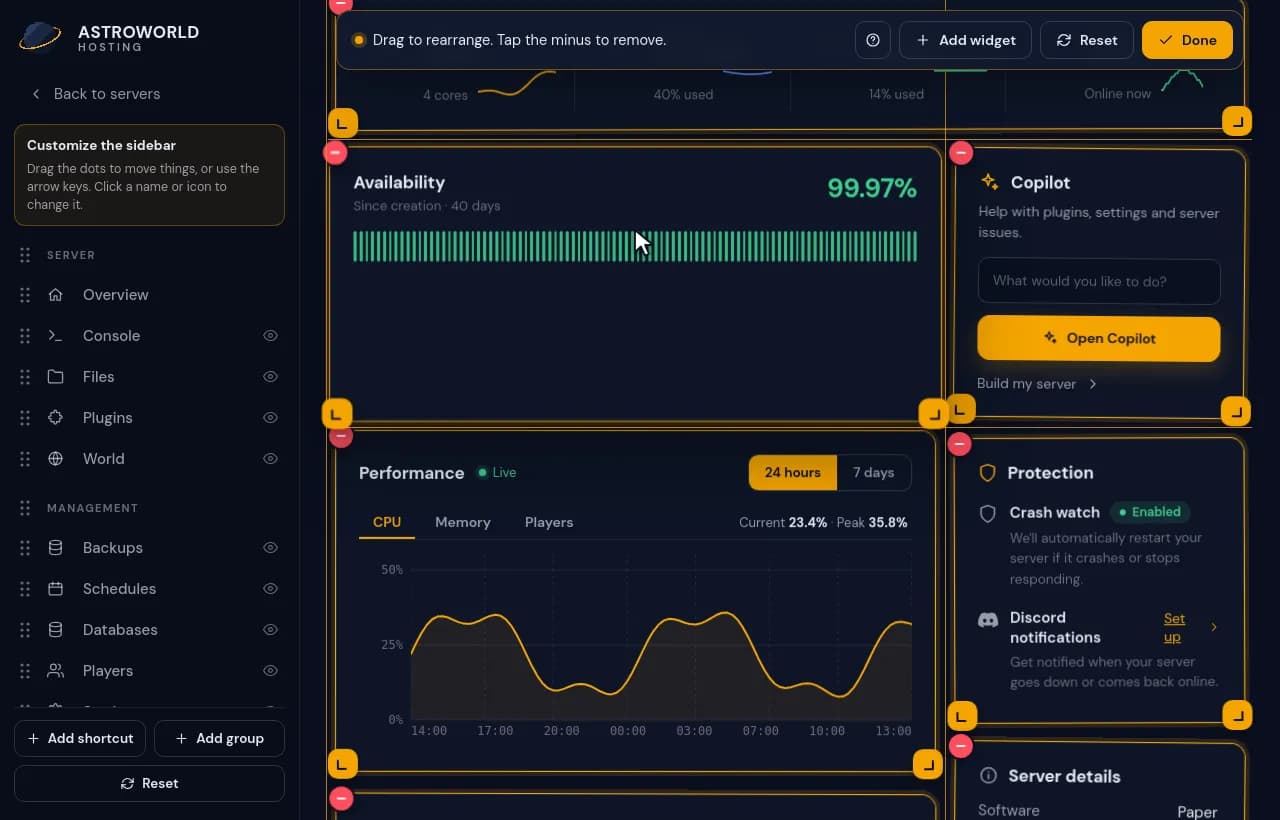 Dragging the Availability widget above the performance chart while the other widgets move aside