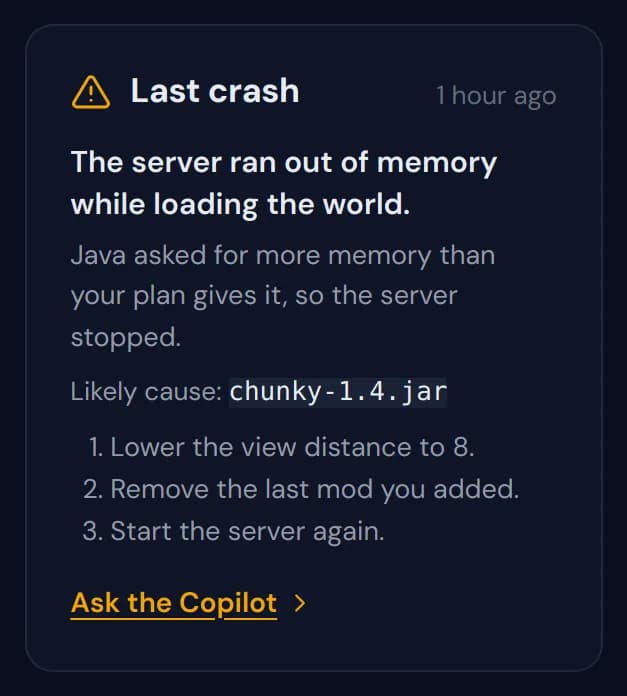 The Last crash widget explaining that the server ran out of memory, with the likely cause and three steps